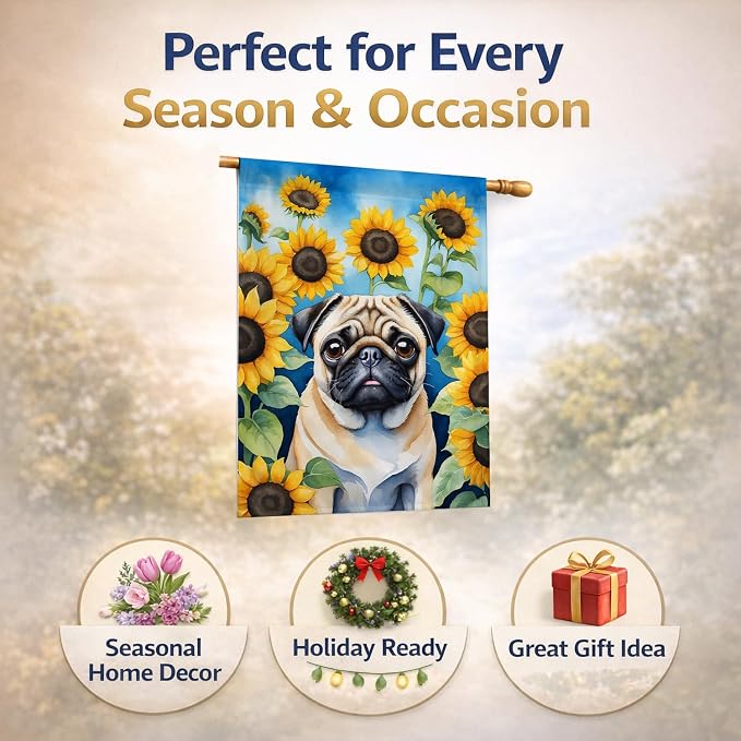 Caroline's Treasures DAC6145CHF Pug in Sunflowers House Flag Large Porch Sleeve Pole Decorative Outside Yard Banner Artwork Wall Hanging, Polyester, House Size, Multicolor