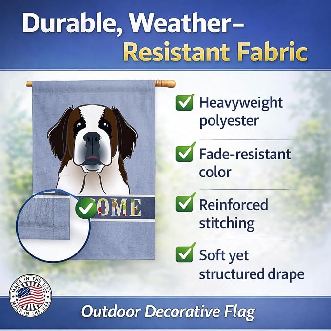 Caroline's Treasures BB1432CHF Saint Bernard Welcome House Flag, Blue Large Porch Sleeve Pole Decorative Outside Yard Banner Artwork Wall Hanging, Polyester, House Size, Multicolor