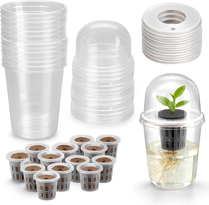 ROIKETU 12 Pack Transparent Hydroponic Cups with Humidity Domes,Hydroponic Growing System for Seedlings,Seed Starting Cups for Seed Starting,Root Monitoring