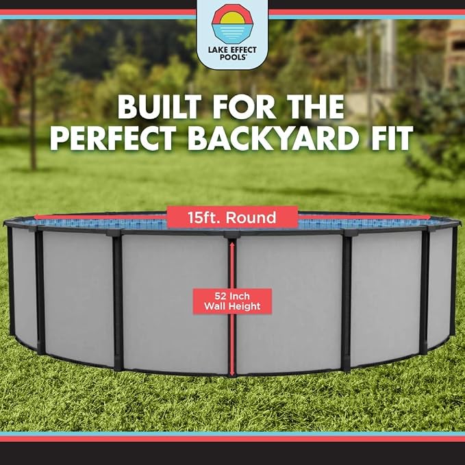 Lake Effect Pools 'Fiji' 15 ft Round Above Ground Swimming Pool | 52 Inch Resin Protected Steel Sided Walls | Bundle Includes: 25 Gauge Unibead Liner & Widemouth Skimmer