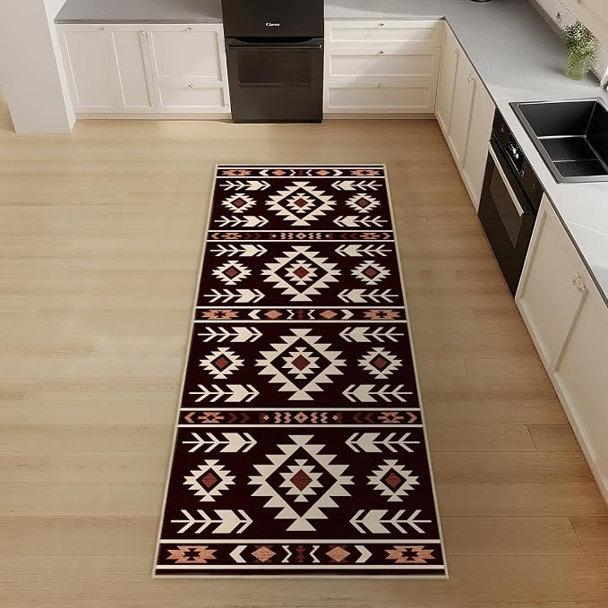 Western Runner Rug 2x6 for Hallway Kitchen Bedroom, Southwestern Aztec Tribal Runner Rugs Southwest Navajo Machine Washable Rug Non-Slip Printed Low-Pile Floor Carpet Mat for Living Room, Red Brown
