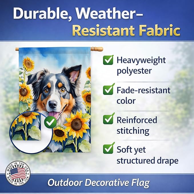 Caroline's Treasures DAC6014CHF Australian Shepherd in Sunflowers House Flag Large Porch Sleeve Pole Decorative Outside Yard Banner Artwork Wall Hanging, Polyester, House Size, Multicolor