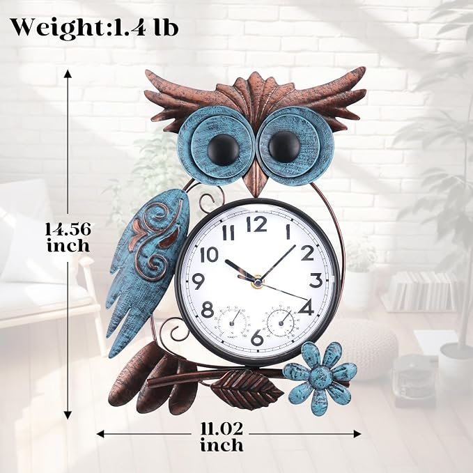 MUMTOP Owl Outdoor Clock Waterproof, 14.56 Inch Outside Wall Clock with Thermometer Combo for Patio Pool Garden Home Decor