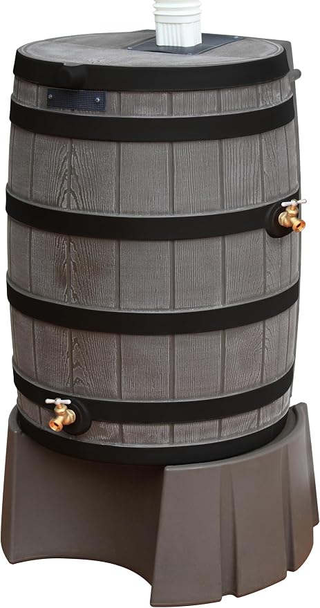 Good Ideas Rain Wizard 50 Gallon Plastic Rain Water Collection Barrel Stand, Oak