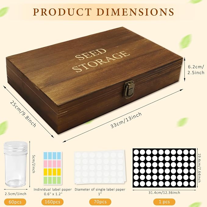 Seed Storage Organizer,60 Slots Pine Wood Seed Storage Box,Portable Seed Saving Box with 230 Labels,Seed Container,Wooden Seed Organizer Kit For Flower Plants Vegetable Seed