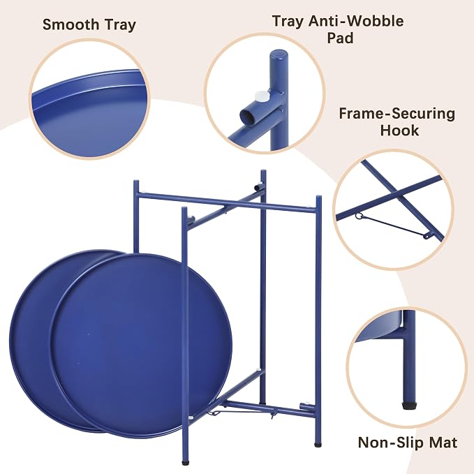 2-Tier Round End Side Table, Small Metal Side Table with Removable Tray, Folding Accent Tables for Living Room, Balcony, Nightstand for Bedroom, Outdoor Tables for Patio, Navy Blue