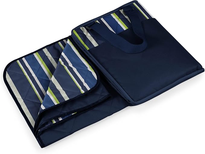 ONIVA - a Picnic Time brand - Vista Outdoor Picnic Blanket & Tote - Beach Blanket - Camping Blanket, (Blue Stripe Pattern with Navy Blue Exterior)