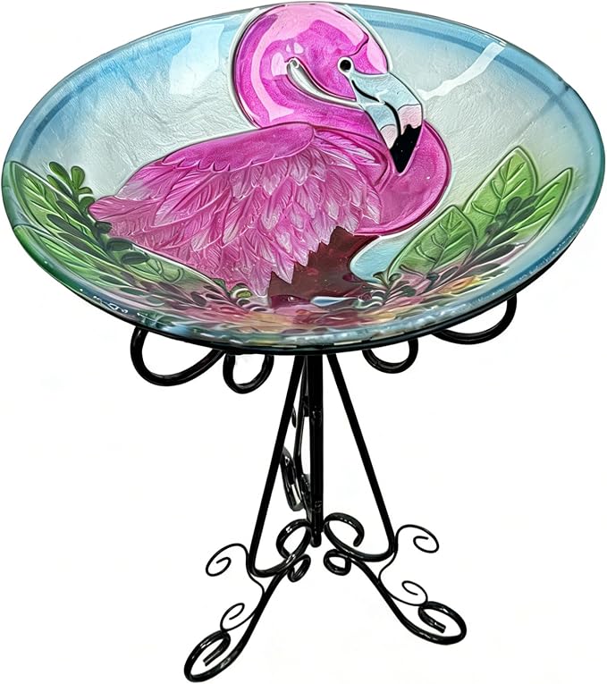 Large Bird Bath for Outside, 18" H Glass Bath Bowl with Metal Stand 28" H Standing Outdoor Birdbaths for Garden Yard Lawn Decor, Flamingo