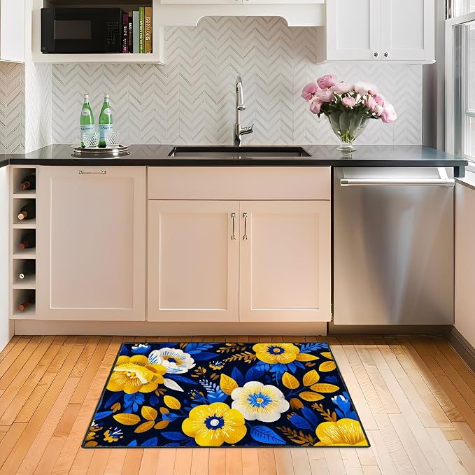 Navy Blue Yellow Floral 2x3 Entry Rug,Washable Small Rugs for Entryway Kitchen Bathroom Door Mat Indoor Entrance,Non Slip Rubber Backing, Stain & Fade Resistant, Vibrant Boho Decor