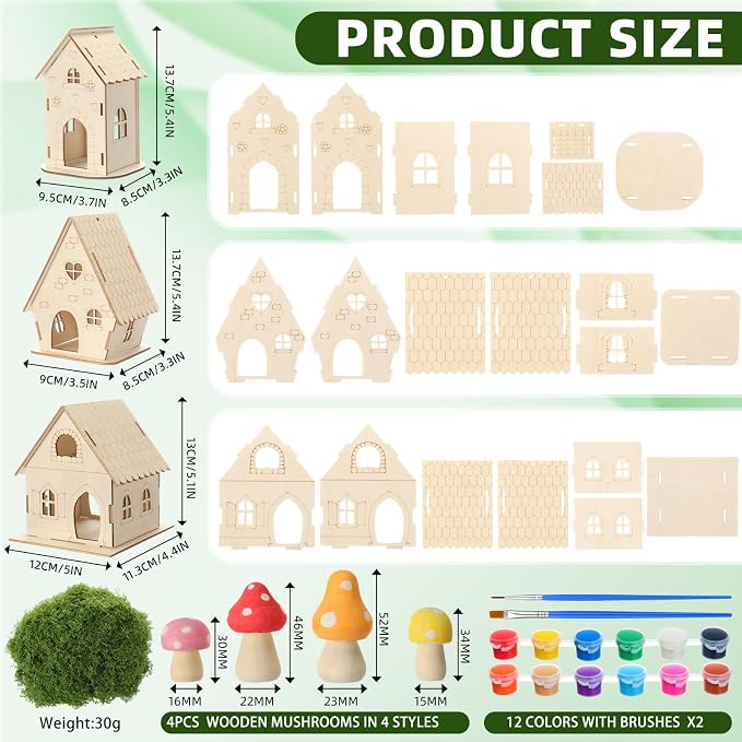 DoubleFill 6 Sets Wooden Fairy House Craft Kit for Kids - Classroom DIY Fairy Garden with Paints & Decorations - School Arts Crafts & Birthday Gift for Activity Party Decor (3 Mixed Cute Roof Styles)