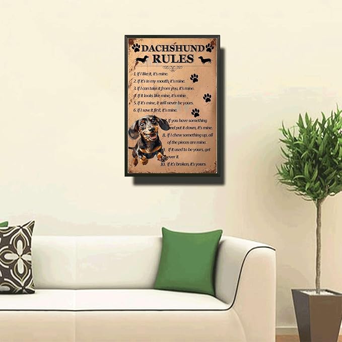 Metal Sign Tin Sign Vintage Wall Art Dachshund Rules Wall Art for Room 12×16 Inches with Metal Frame
