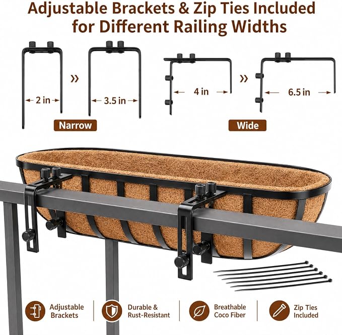 Y&M Railing Planter Boxes 24 Inch 2 Pack, 2-in-1 Adjustable Hanging Balcony Planters with Coco Liners, Heavy Duty Window Box Planters with Support Rods for Outdoor Garden
