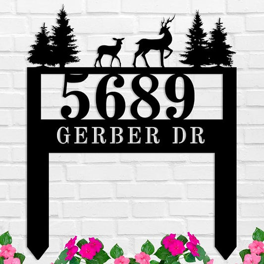 Personalized Deer Address Yard Stake with Pine Trees, Custom Metal Yard Signs with Stakes, Personalized Address Signs for Yard, House Number Signs for Yard