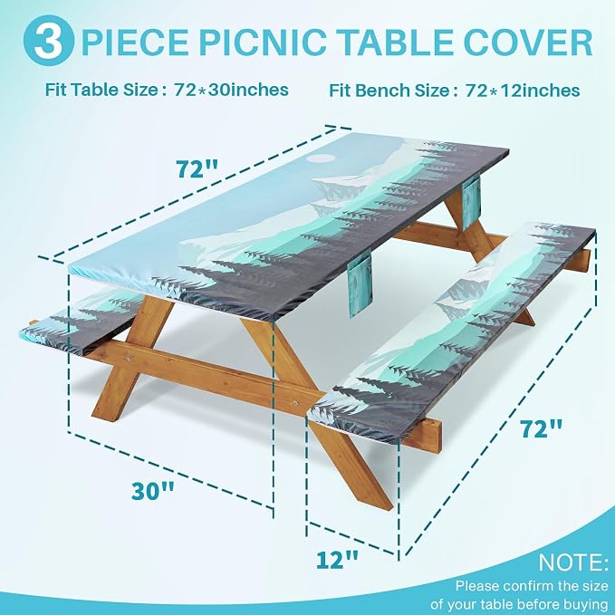 Jobunai Fitted Picnic Table Cover with Bench Covers Elastic Waterproof Outdoor Camping Tablecloth for 6 Foot Rectangle Tables Camper Summer Accessories Rv Car Essentials Vacation Gifts for Women Men