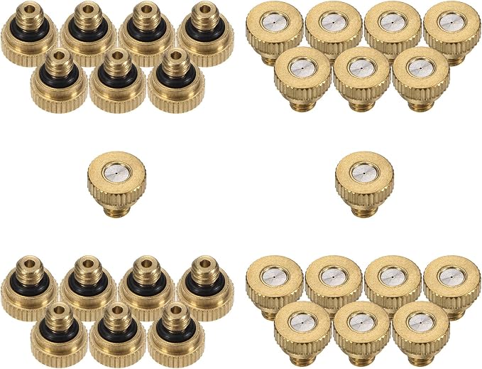 M METERXITY 30-Pack Brass Misting Nozzle, 0.016" 0.4mm Orifice 10/24 UNC O-Ring Replacement Mister Nozzles Plug Mister Heads for Garden Patio Outdoor Cooling System Low-Pressure Atomizing