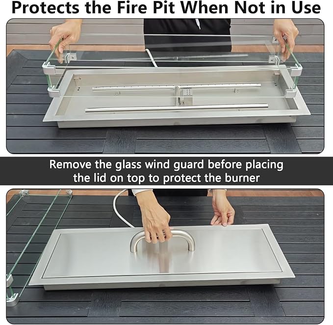 Hisencn 30 x 10 Inch Drop-in Fire Pit Kit, Premium Stainless Steel Modern Fire Trough with Tempered Glass Wind Guard, Built-in Outdoor Table Flame Feature for Patio, Backyard & Entertaining