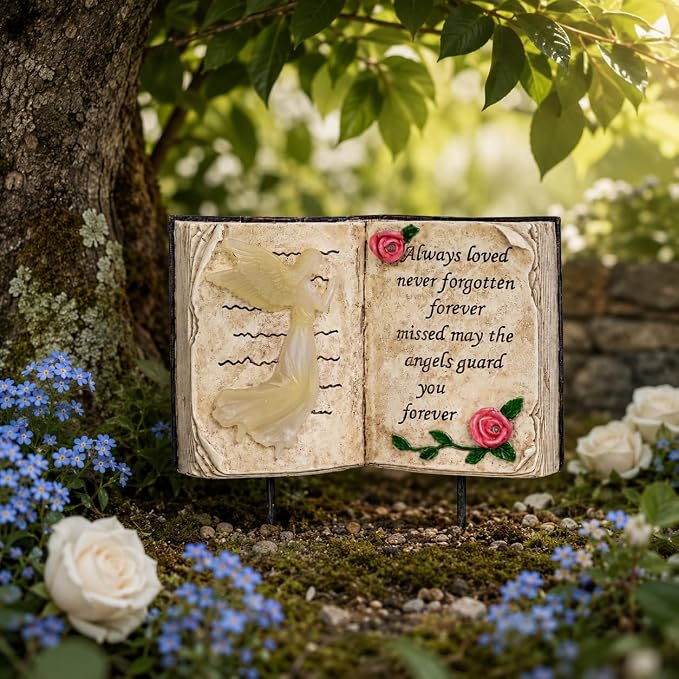Solar Memorial Garden Lights, Angel Book Statue with Warm LED Glow, Weather-Resistant Outdoor Cemetery Decorations with 2 Removable Stakes, Sympathy Gifts for Loss of Loved One, Garden Yard Decor
