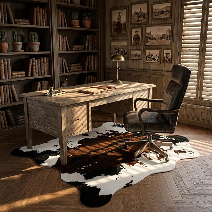 MustMat Faux Cowhide Rug 4'7"×5'3",Cow Print Western Ranch Decor | Brown/White Cow Rug For Bedroom, Entryway, Living Nooks. Western Rustic Style, Great For Cowboy Birthdays & Holidays
