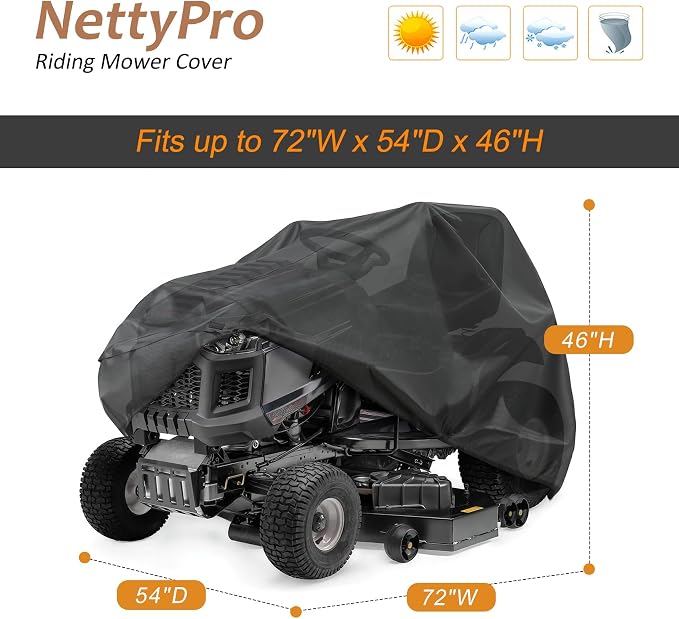 NettyPro Riding Lawn Tractor Mower Cover Waterproof Heavy Duty Outdoor Lawnmower Protection with Storage Bag, Fits Decks Up to 54"