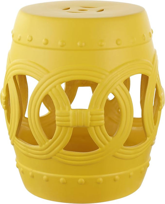 JONATHAN Y Lucky Coins 16" Ceramic Garden Stool, Contemporary Matte Yellow Cutout Interlocking Rings Drum Indoor/Outdoor Side Table and Plant Stand for Patio, Garden, Living Room TBL1022E