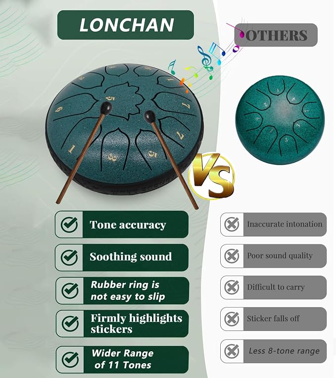 Steel Tongue Drum 11 Notes 6 Inches, Rain Drum for Outside with Bag, Music Book, Mallets, Finger Picks, Stickers – Meditation & Yoga Steel Drum
