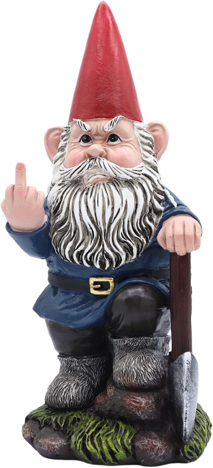 Candy Creations On Cloud 9 Angry Garden Gnome with a Shovel Holding Up Middle Finger, Outdoor Decor, Funny Statue