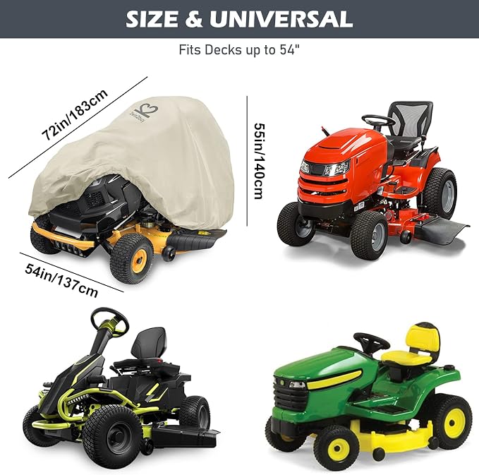 Riding Lawn Mower Cover, Heavy Duty 600D Lawnmower Covers Waterproof Outdoor Lawn Tractor Cover Tarp All Weather Ride on Mower Covers Universal Fit Decks up to 54" with Elastic Cord & Storage Bag