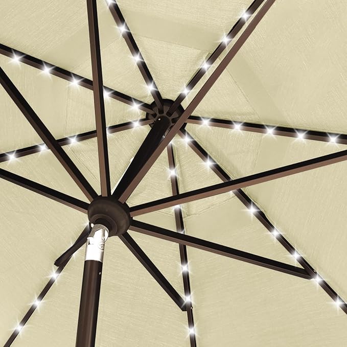 EliteShade USA 10-Year-Non-Fading 10ft Market Patio Umbrella, Commercial Grade Table Sun Umbrella with 80 Solar LED Lights, Crank Open, Windproof & UPF 50+ UV Protection for Garden, Deck, Pool, Backyard, Natural