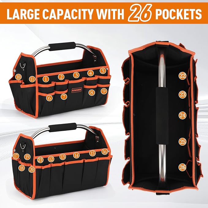 Kowsinde 16 Inch Tool Bag, Electrician Tool Bag, Open Top Tool Bags, 26 Pockets Can Hold Many Tools, Steel Handle and Removable Shoulder Strap