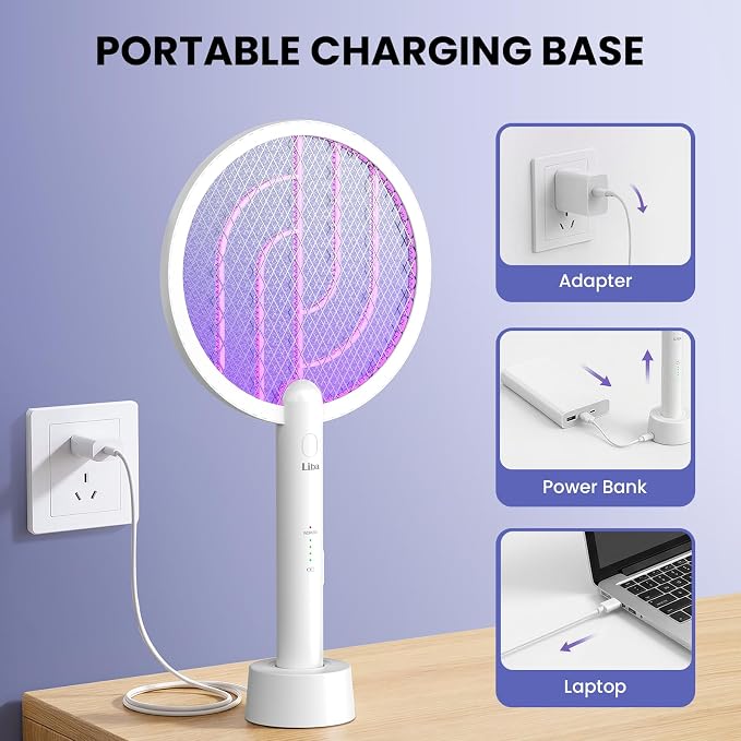 LiBa Electric Fly Swatter, 4000V 2-in-1 Mosquito Killer Lamp, USB Rechargeable with 5-Layer Safety Net, Cordless Insect Killer Trap Home Office Camping Patio