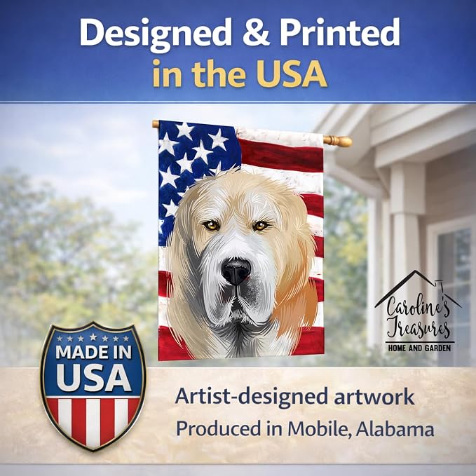 Caroline's Treasures CK6483CHF Central Asian Shepherd Dog American Flag House Flag Large Porch Sleeve Pole Decorative Outside Yard Banner Artwork Wall Hanging, Polyester, House Size, Multicolor