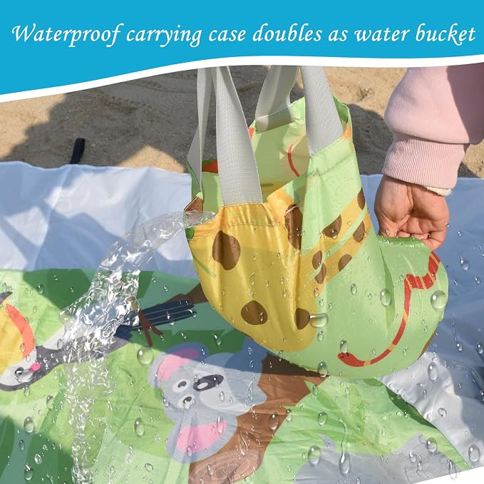 6.6 X 6.6 Ft Baby Beach Pool, 2 in 1 Portable Kids Beach Play Pool Puddle Toddler Beach Blanket and Kiddie Pools Green Cartoon Childs Sand Pit Paddling Pools with Water Bag for Boys Girls Outdoors