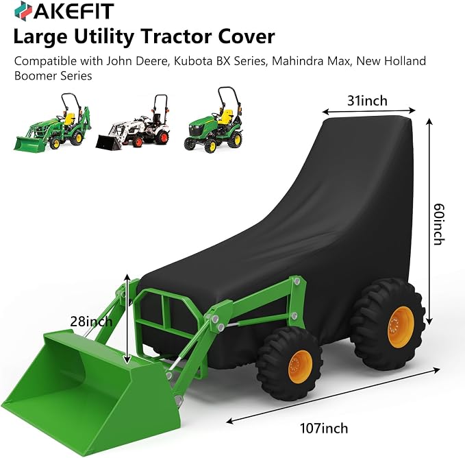 AKEfit Tractor Cover,420D Heavy Duty Waterproof, Dustproof, UV Protection Universal Tractor Covers for Kubota, John Deere,Bobcat & Compact Utility Tractors