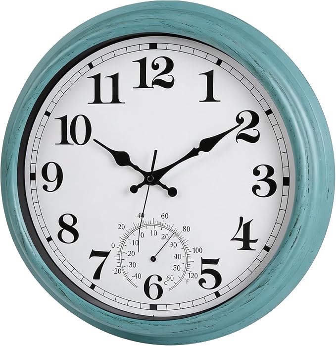 16 Inch Large Outdoor Clock Retro Waterproof Clock Non-Ticking Indoor/Outdoor Wall Clock with Thermometer, Battery Operated for Pool, Patio, Garden, Green