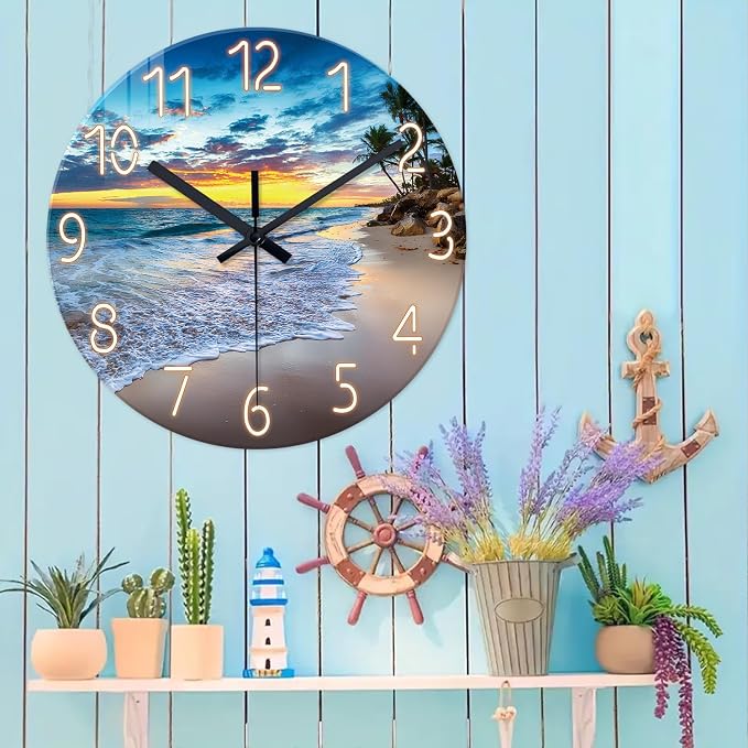 24 Inch Glass Large Wall Clocks for Living Room Decor | Palm Tree Battery Wall Clock Battery Operated Modern Coastal Blue Wall Clock Silent Non Ticking