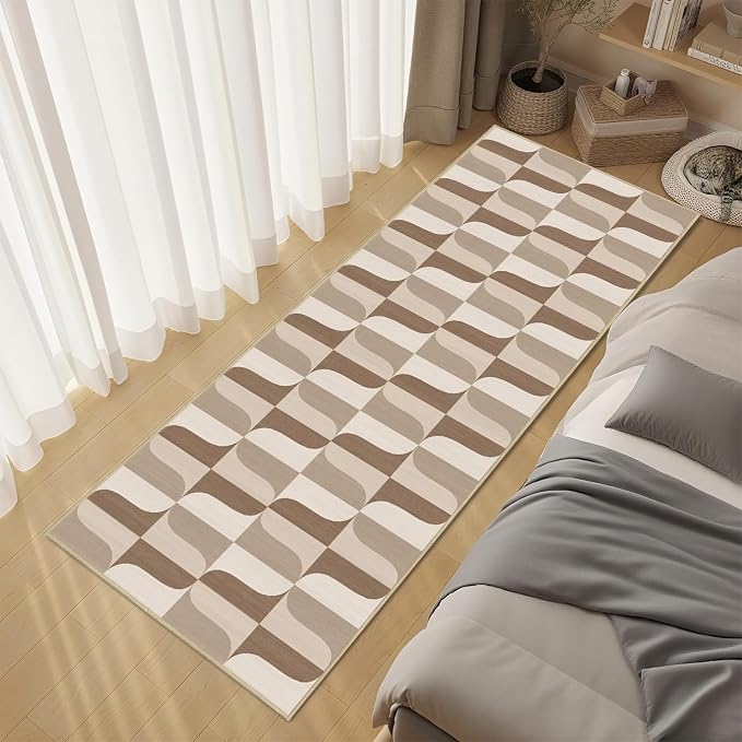 Modern Geometric Runner Rug 2x6 for Hallway Kitchen Bedroom Neutral Beige Brown Abstract Mid Century Modern Runner Rugs Machine Washable Non-Slip Print Low Pile Long Floor Carpet for Entryway Bathroom