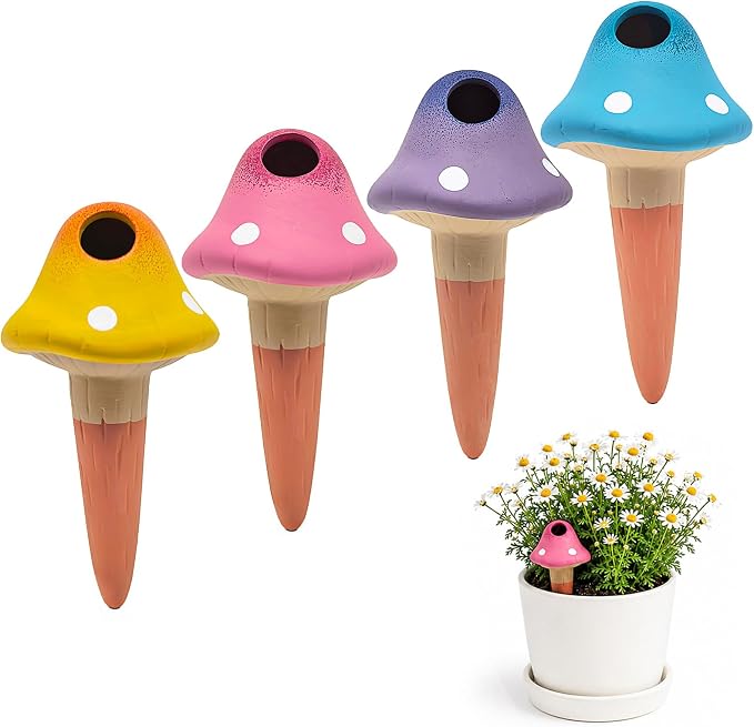 Terracotta Watering Spikes 4 Pack, Cute Self Watering Plant Spikes, Clay Plant Watering Devices, Slow Release Self Watering Planter Insert for Indoor Outdoor Potted Plants (Mushroom) | Porous terracotta, Top refill design, Decorative owl shape, Easy pl...