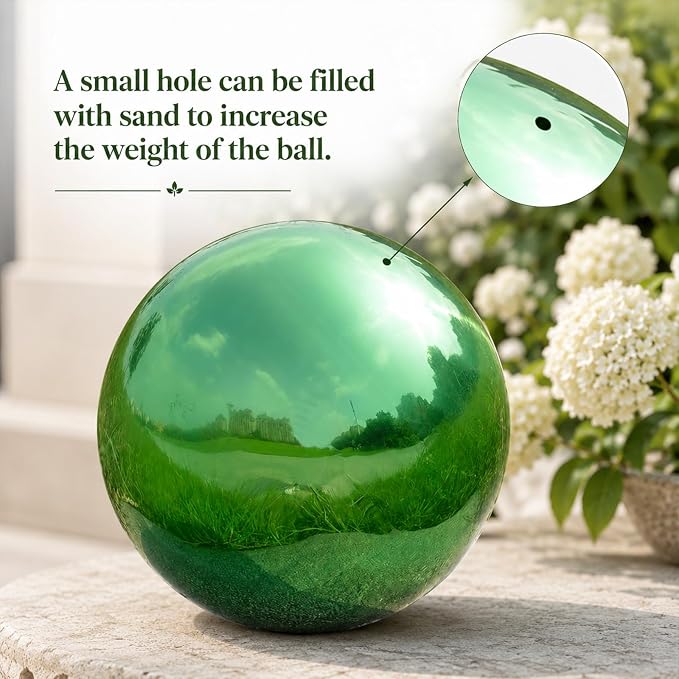 Gazing Ball Garden Mirror Outdoor - 10 Inch Outside Decorative Globe, Green | Metal Polished Reflective Sphere, Stainless Steel Hollow Decoration Ornament for Home Pond Swimming Pool Housewarming Gift