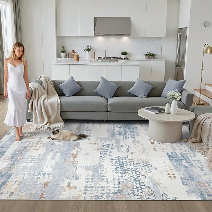 DCX Washable Abstract Area Rug 8x10, Non Slip Low Pile Rug, Blue | Easy to clean, non-shedding, soft, kid & pet friendly, with a non-slip rubber backing for living rooms, bedrooms, and offices
