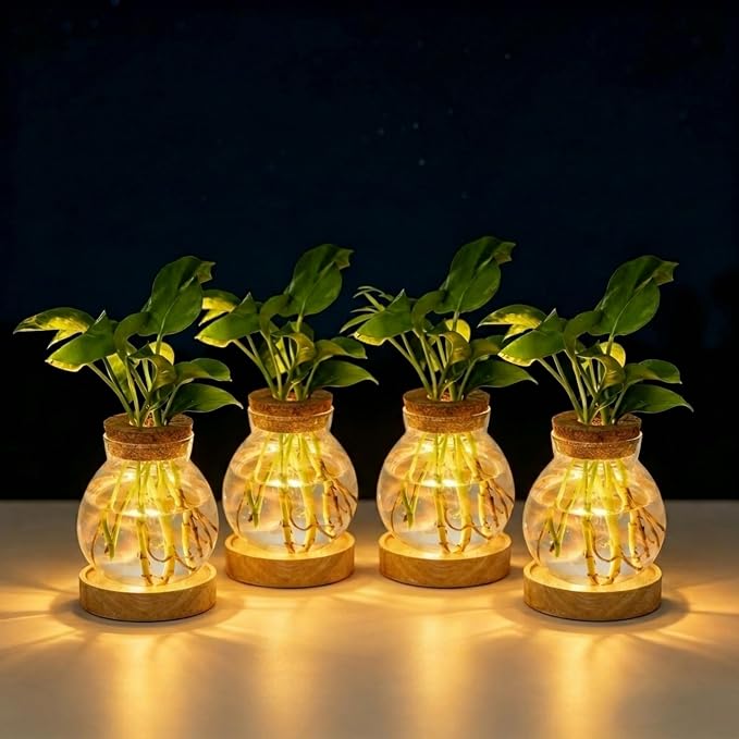 Plant Propagation Station with Light,Everkeen Glass Terrarium with Stepless Dimming Function Hydroponic Glass Container Vase Jars Gardening Gifts for Mom Women Plant Lovers 4 Pack