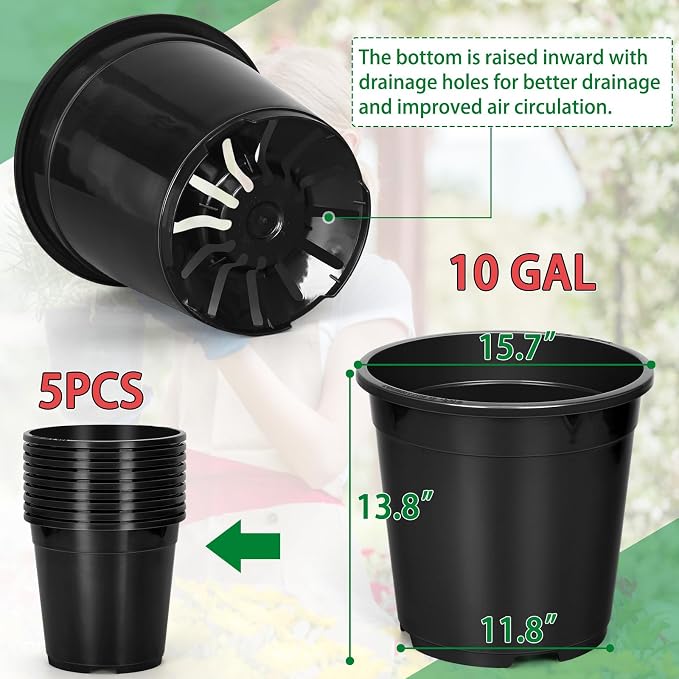 OUPSAUI 2/3/5/10 Gallon Pots for Plants, Sturdy Plastic Nursery Pots with Drainage Holes, Plant Pots for Seedlings, Vegetables, Succulents, Cuttings