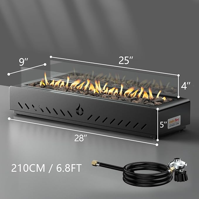 28" Tabletop Propane Gas Fire Pit Bottom-Mounted for Table with Umbrella Hole, Portable Smokeless Firepit with Glass Wind Guard for Outdoor Patio Backyard Porch Camping Tailgating RV, 40000BTU, FP044