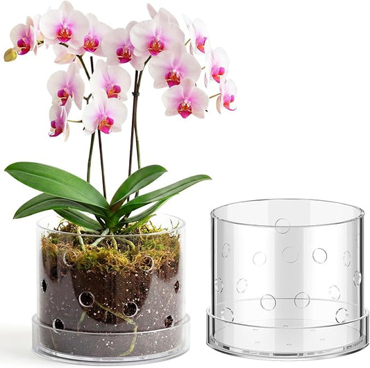 6 Inch Clear Acrylic Orchid Planter Pot with 360° Round Holes & Tray, Thick Acrylic Vented Planter for Phalaenopsis, Root Airflow, Bottom Watering & Indoor Orchid Repotting