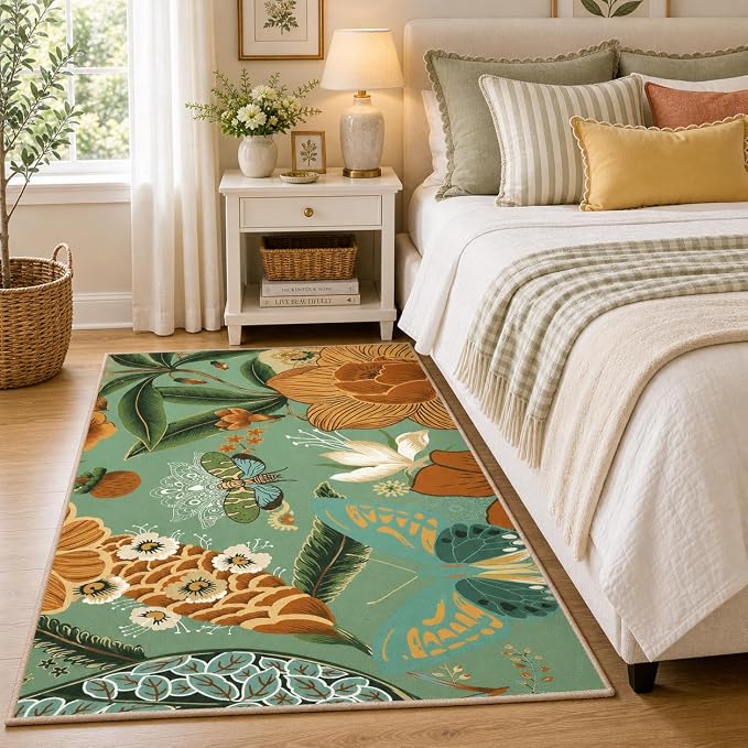 Tyrot Sage Green Boho Floral 3x5 Washable Area Rug Flat Woven Ultra-Thin Low Pile Rug Non Slip Indoor Botanical Butterfly Rug for Living Room, Bedroom, Entryway, Nursery, Dorm