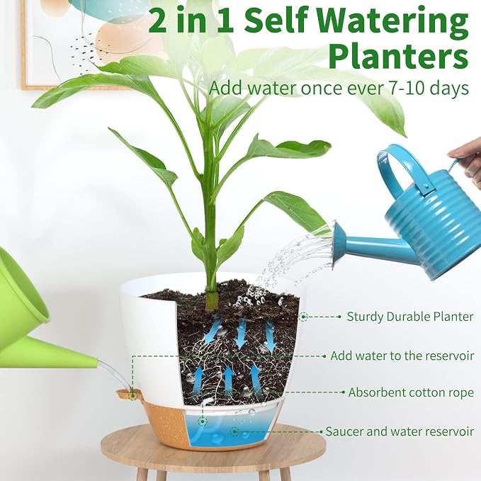 12 Inch Self Watering Pot for Indoor Outdoor Plants, Large Plastic Planter with Visual Water Window, Drainage Holes & Watering Lip, Modern Decorative Flower Pot (White)