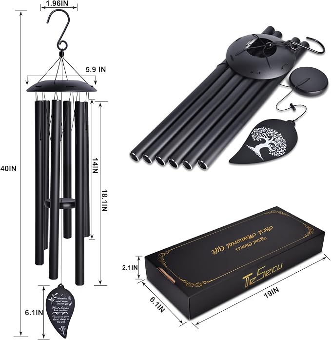Sympathy Wind Chimes for Outside Deep Tone, Memorial Loss of a Loved, Large Wind Chimes with 6 Thicken Tubes & Hook, Outdoor Gifts Mother, Garden Decor (40IN Black)