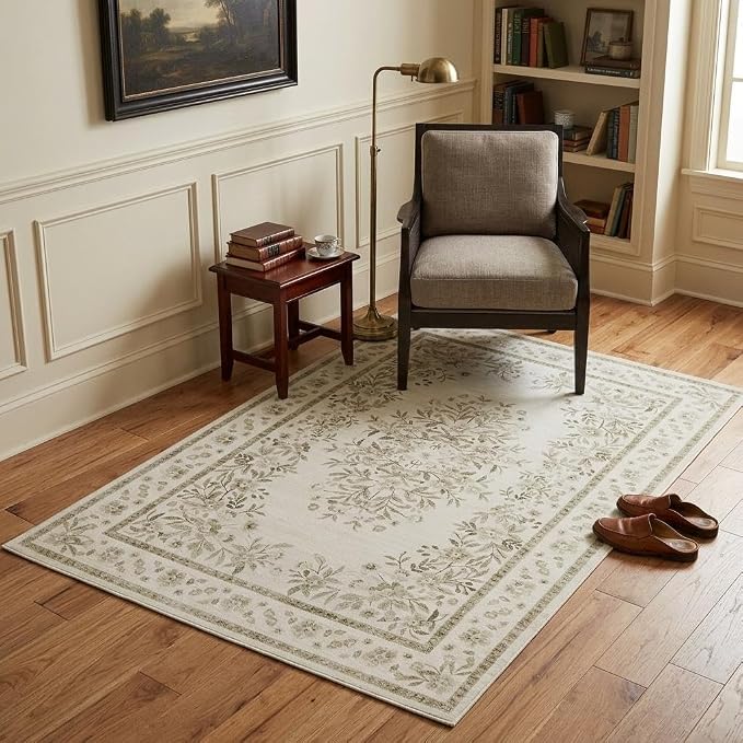 GarveeHome 3x5 Beige Rug for Laundry Room Vintage Flower Leaf Carpets | Vintage Floral Botanical Throw Rugs for Bedroom Non-Slip Low Pile Machine Washable Area Rug for Nursery Room Hallway Kitchen