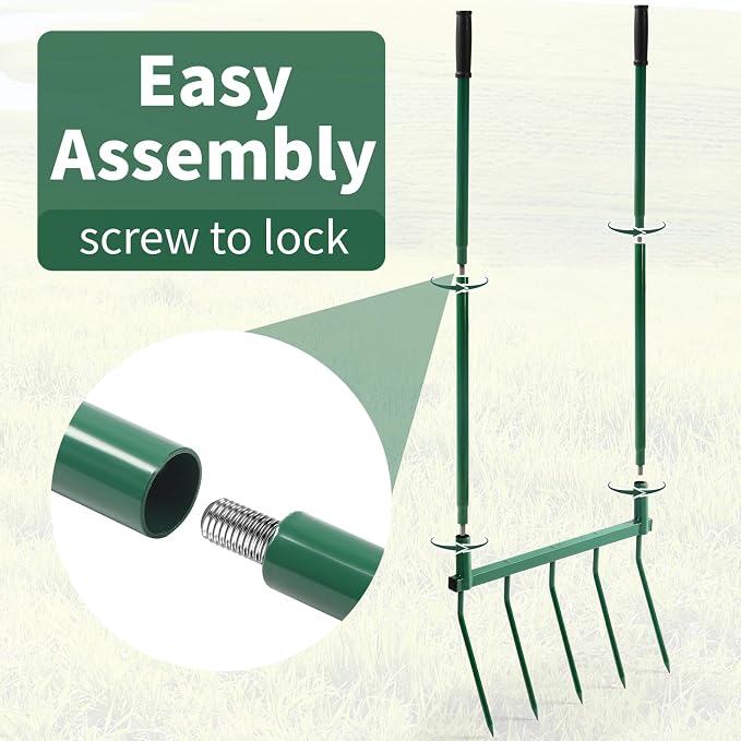 Homwin Broadfork Garden Tool with Steel Handle Heavy Duty Five Tines Broad Fork for Gardening Loosening and Aerating Soil, U-Shaped Design Hand Tiller, Compost Turner and Aerator