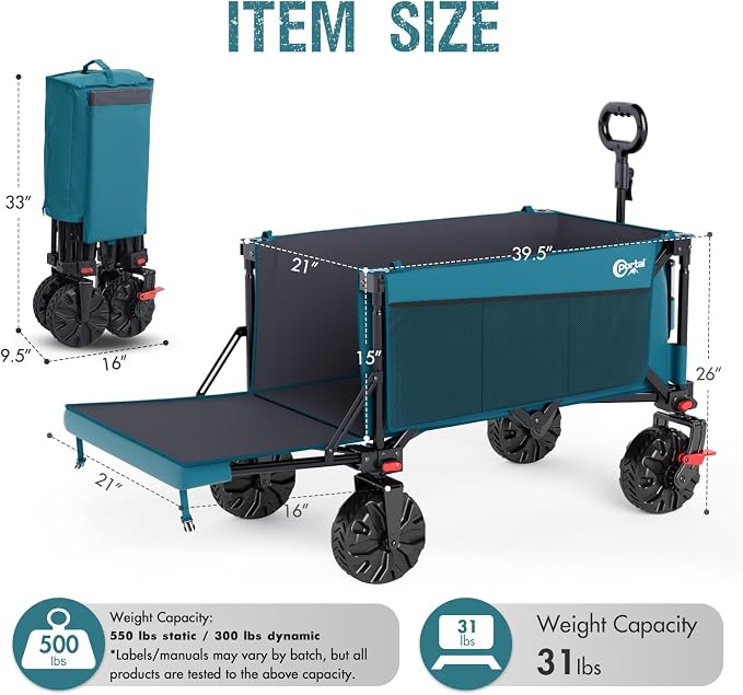 Portal 300L Large Wagons Carts Foldable with Tailgate, 550LB Heavy-Duty Collapsible Beach Wagon with All-Terrain Wheels, Oversized Folding Wagon for Camping, Sports, and Pets