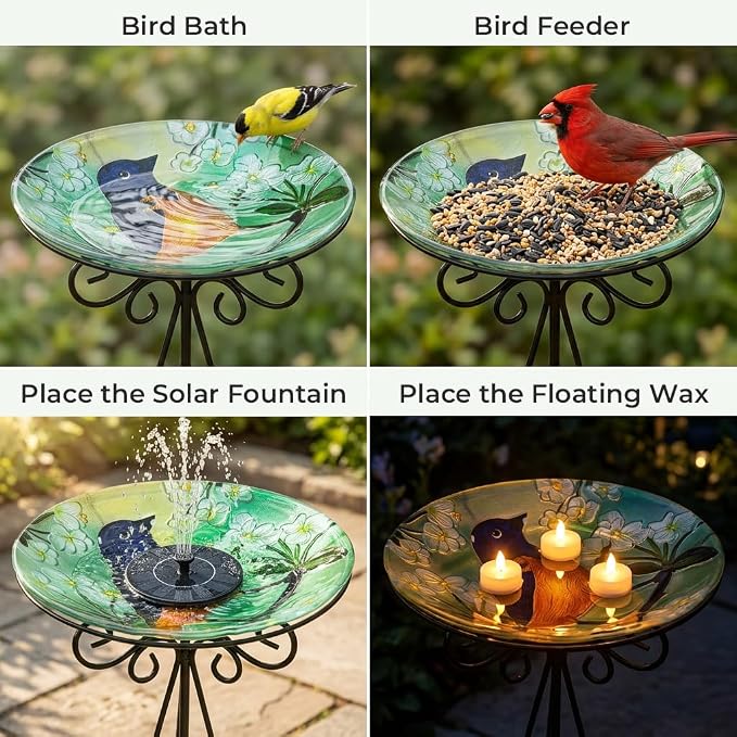 Large Bird Bath for Outside, 18" H Glass Bath Bowl with Metal Stand 28" H Standing Outdoor Birdbaths for Garden Yard Lawn Decor,Baltimore Oriole